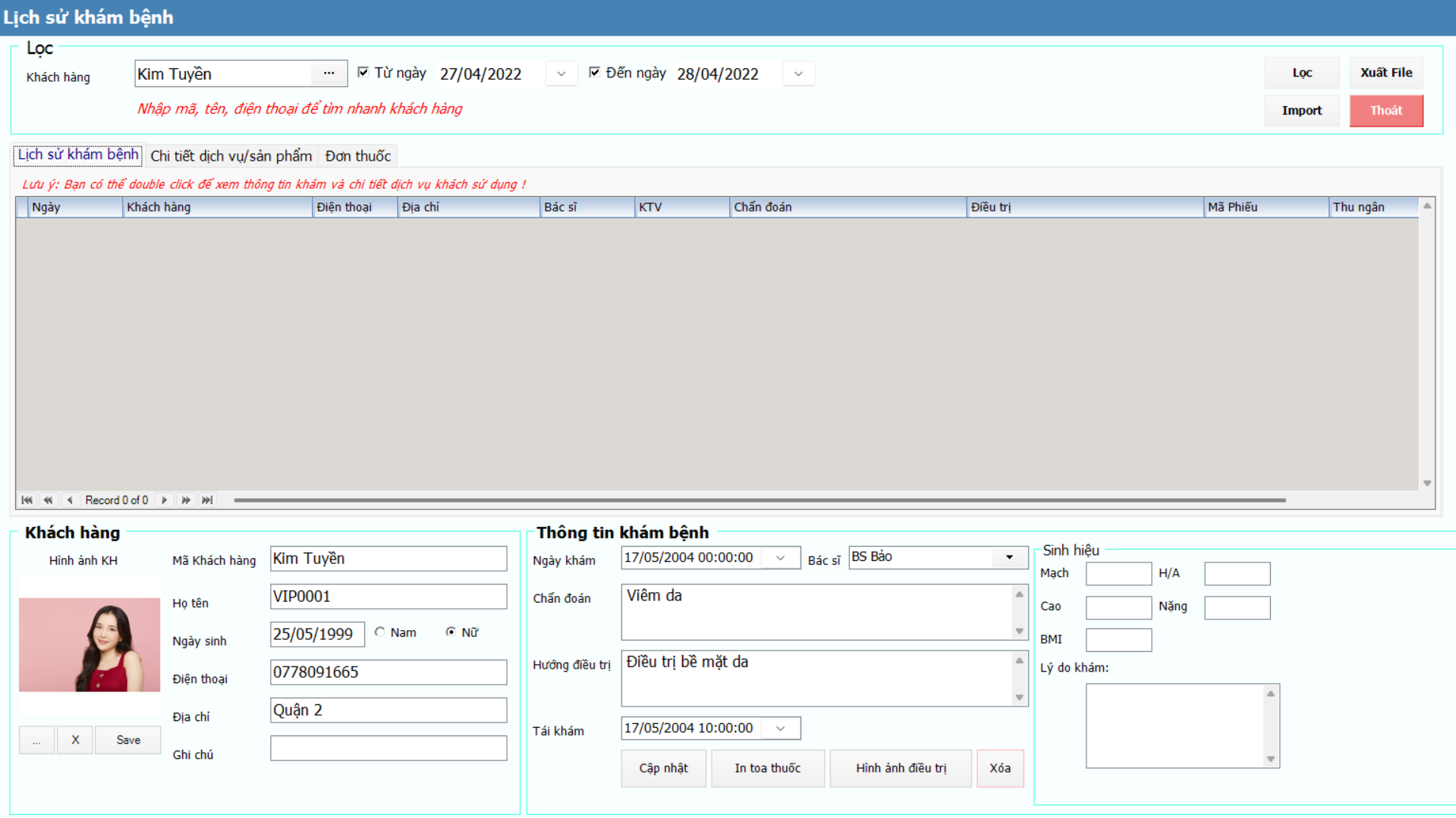 Quản lý lịch sử khám bệnh, điều trị của khách hàng