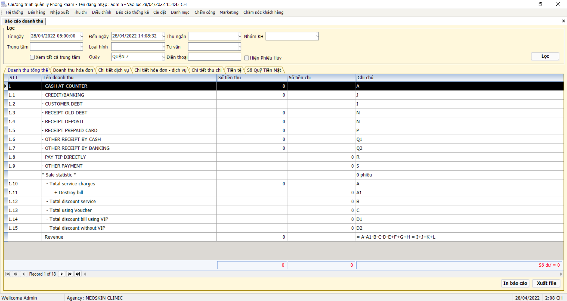 Chức năng xem báo cáo doanh thu phòng khám